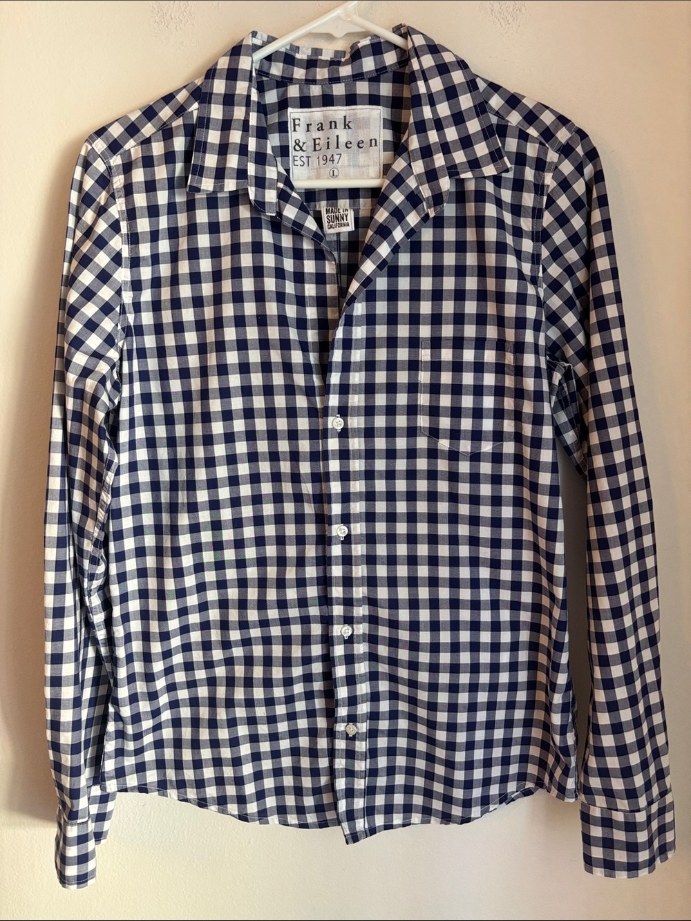 Frank & Eileen Barry Navy and White Gingham Button-Down 100% cotton Shirt LG EUC - Picture 3 of 10